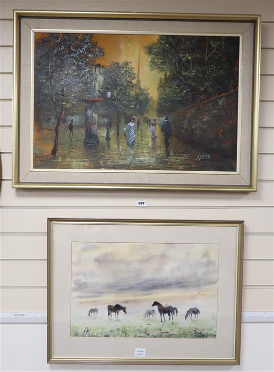 A Paris souvenir oil on canvas of a street scene, 50 x 75cm and John Mortimer, watercolour, Horses in a field, signed, 36 x 55cm